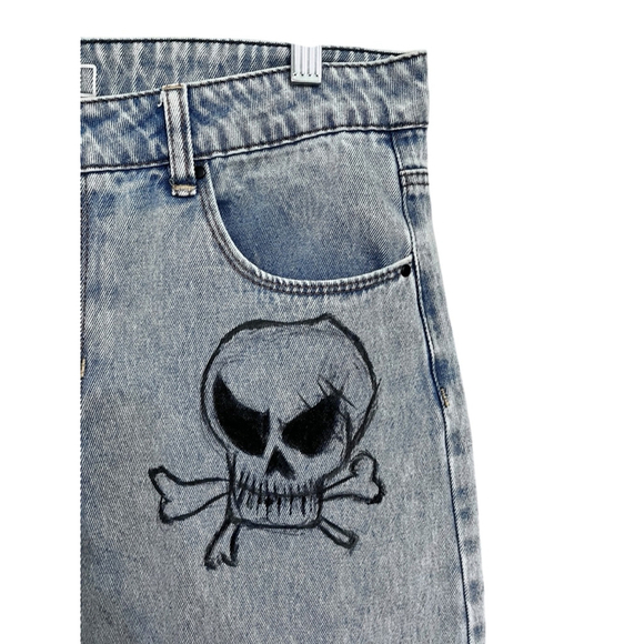 ALAB Skull Rave Jeans Ultra Wide Leg Embroidered Denim Pants Size 10 Y2K Blue - Picture 4 of 8